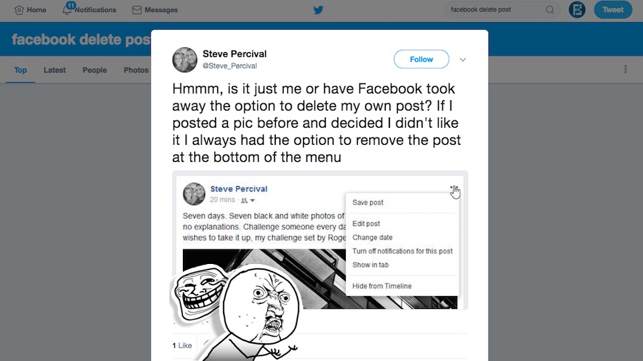 delete post option not in facebook
