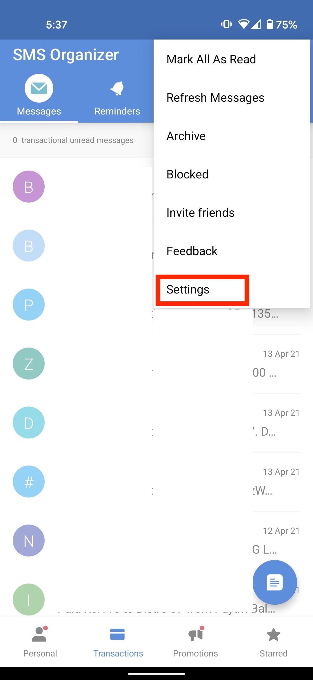 SMS Organizer go to Settings