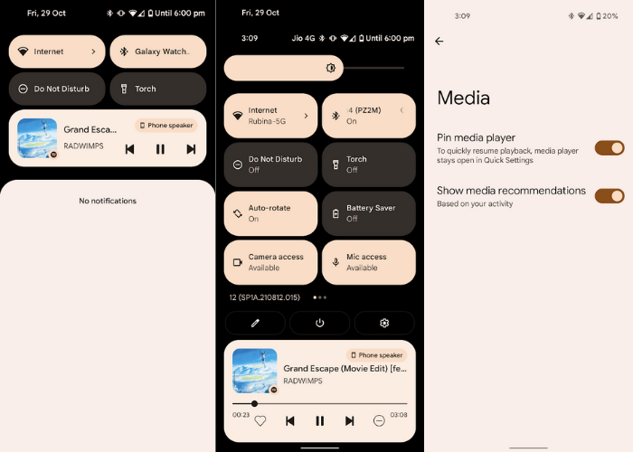 Android 12 quick settings media player