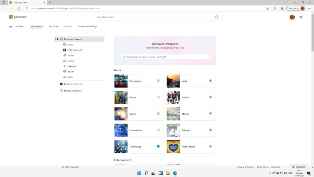 My Interests Windows widgets