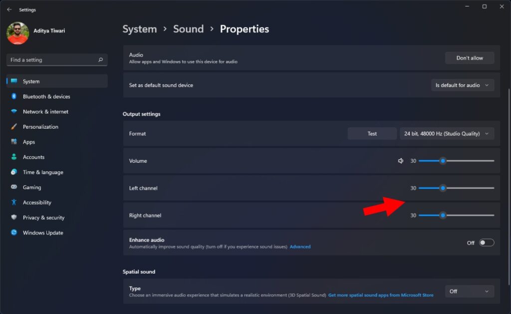 3. Stereo Audio Balance on Windows 11