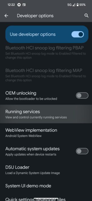 Running services options in Developer Option