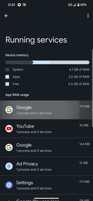 List of Running Services