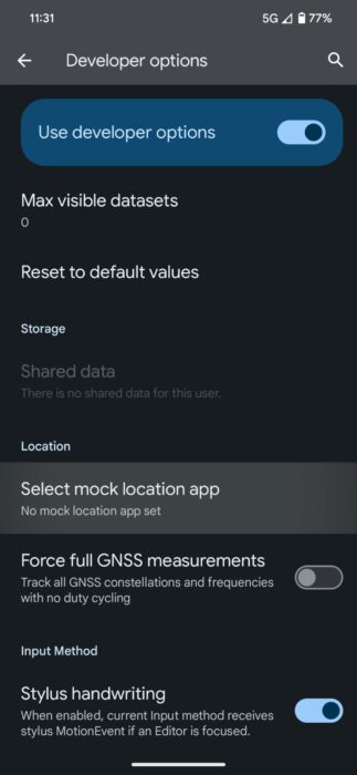 Screenshot of Select Mock Location setting in developer options