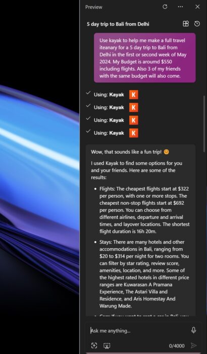 Screenshot of Kayak giving travel recommendations