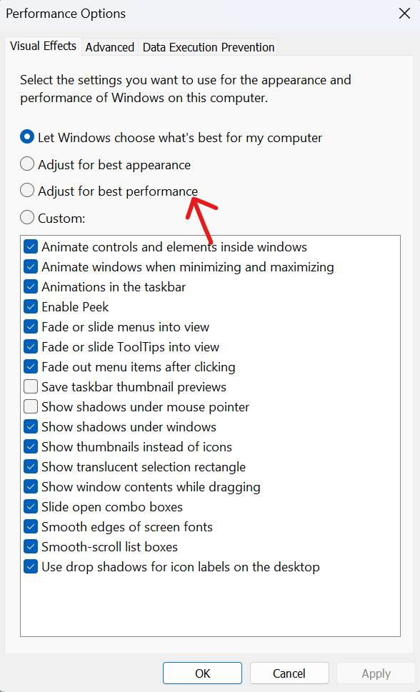 Screenshot of how to disable all the animations in Windows 11