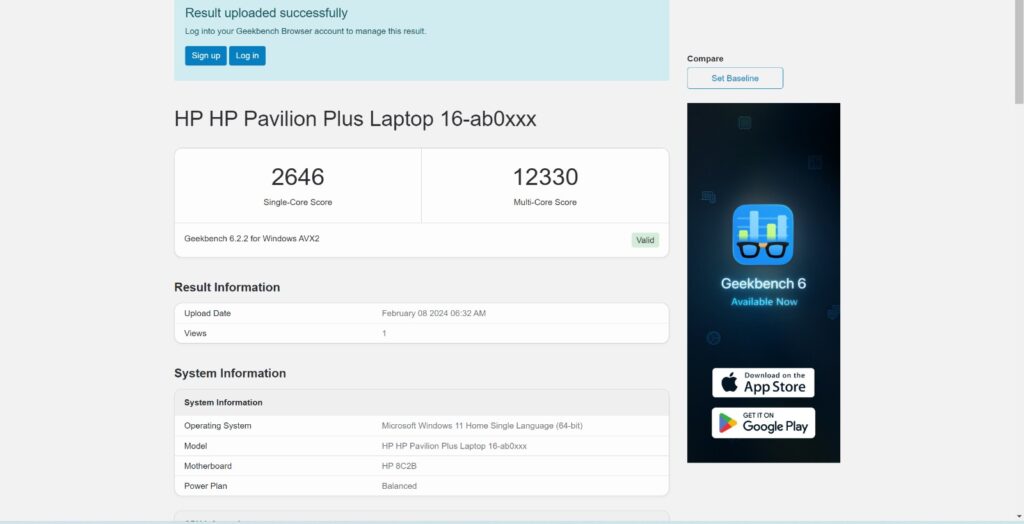 Geekbench score of the HP Pavilion Plus 16 