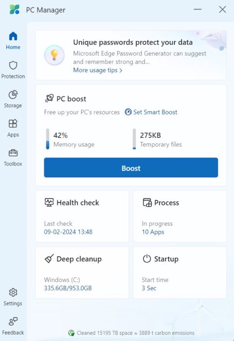 Screenshot of the home settings in the Microsoft PC Manager app