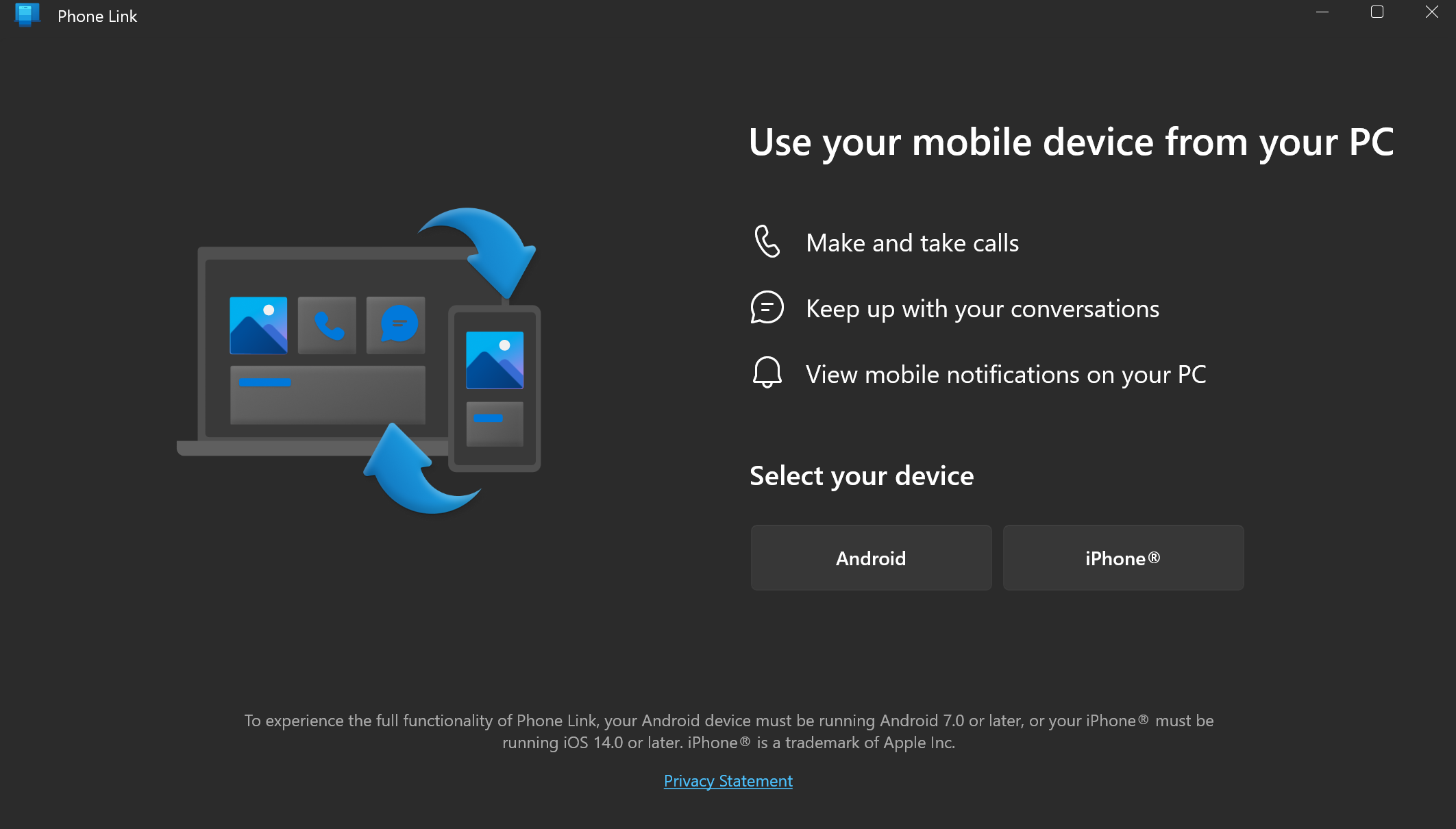 Screenshot of the Phone link app to make your Android phone a webcam on Windows 11