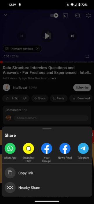 Screenshot of copying a link of a youtube video 