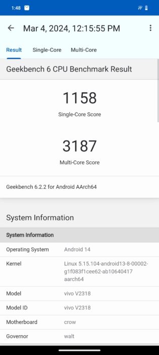 Geekbench score for the vivo v30
