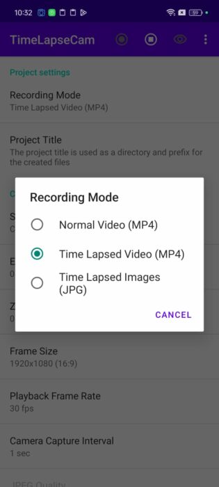 Screenshot of the TimeLapseCam Android app-3
