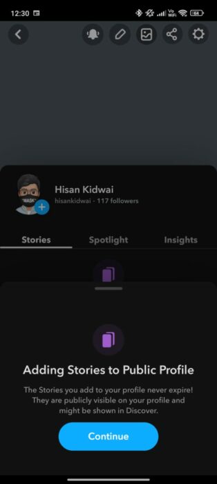 Screenshot of how to add a story on a public profile on Snapchat 1