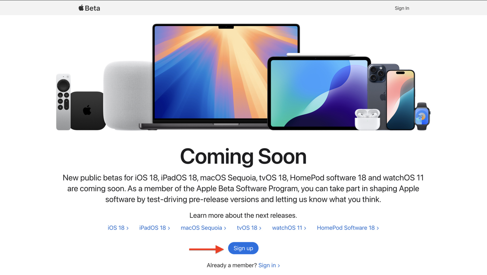 Sign up screen to enrol in Apple's Beta program to install macOS Sequoia