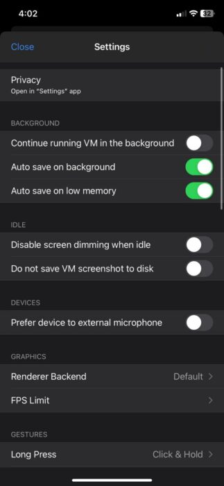 Screenshot of the general setting in UTM SE Retro PC emulator