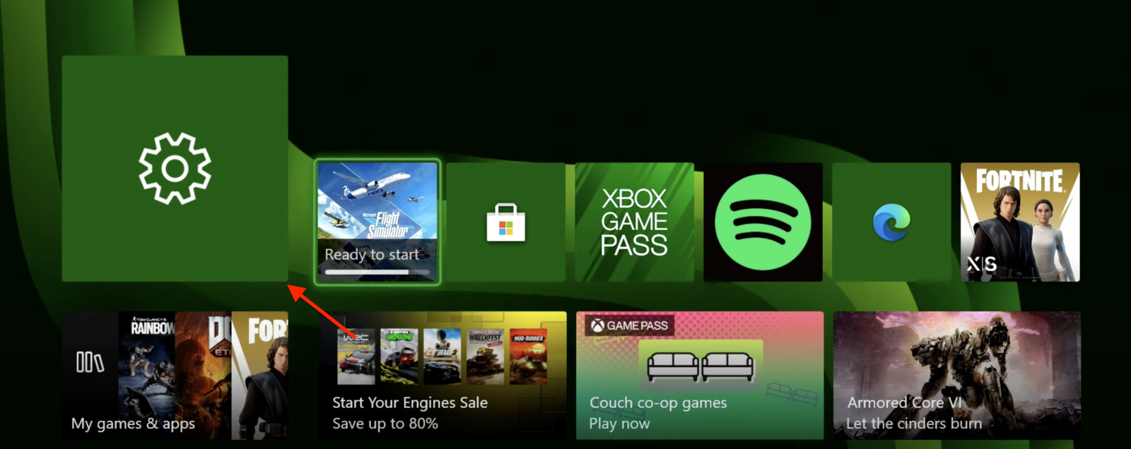 Screenshot of the Settings icon in Xbox to download Discord 