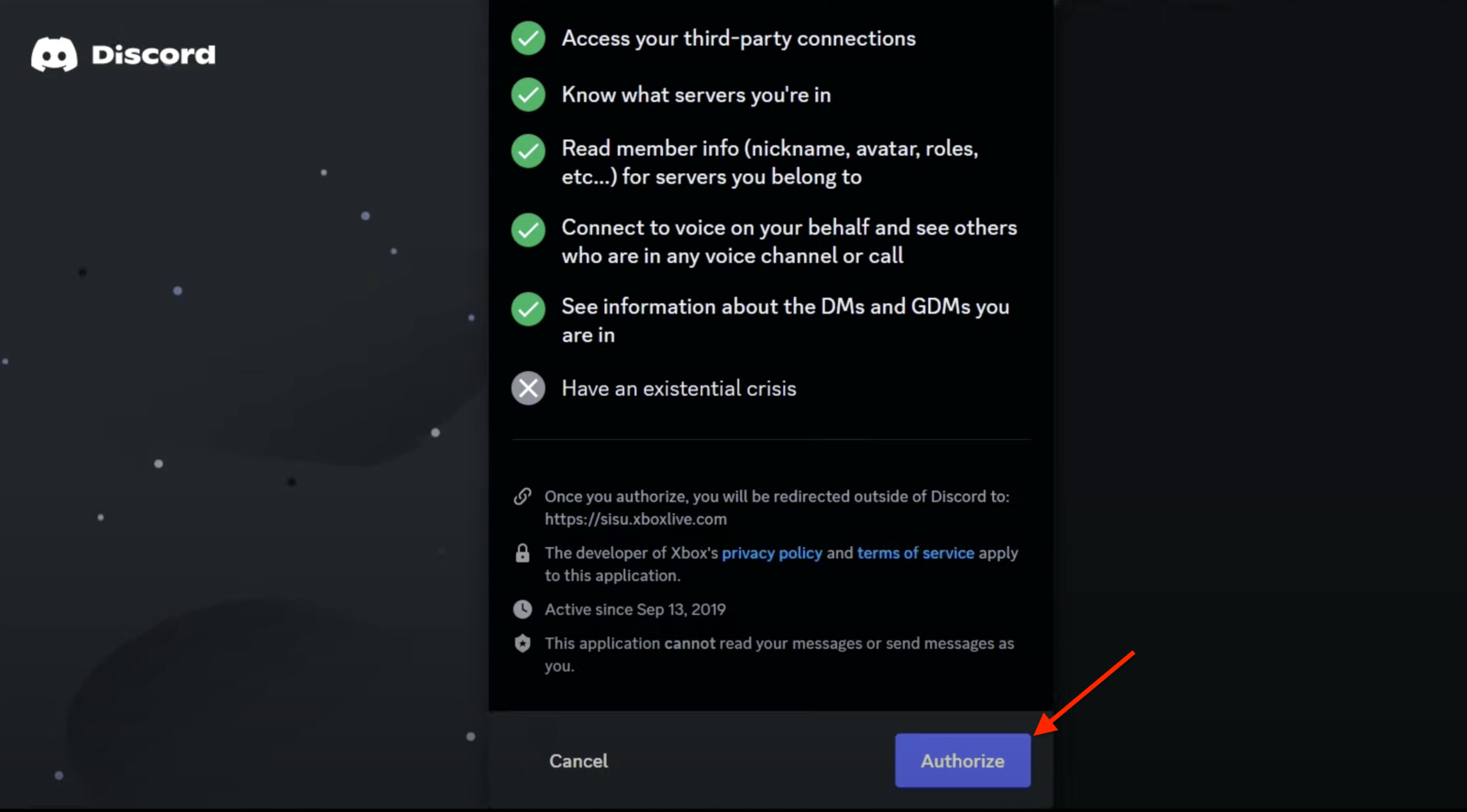 Screenshot of the Authorize button