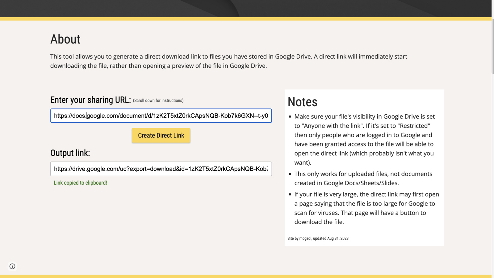 Image of the Google Drive Link Generator website