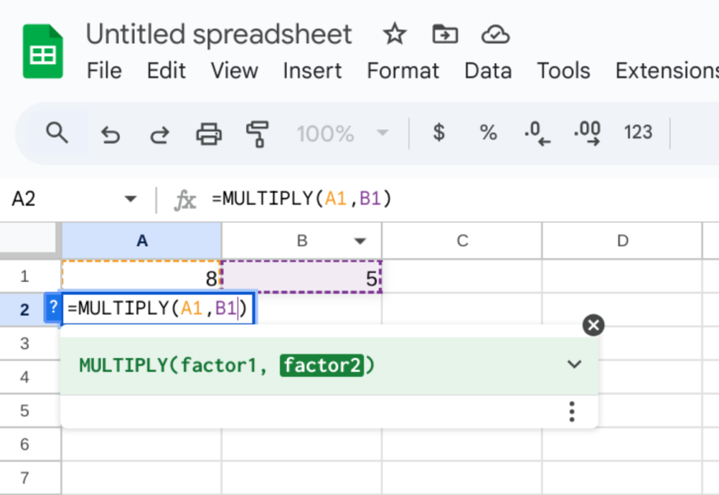 image to Click the cell where you want the result and Multiply in Google Sheets