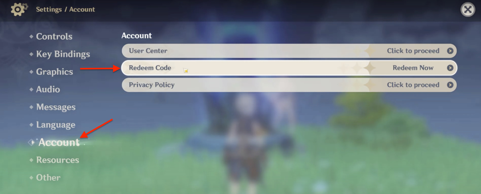 Image of the Redeem codes section in Genshin impact
