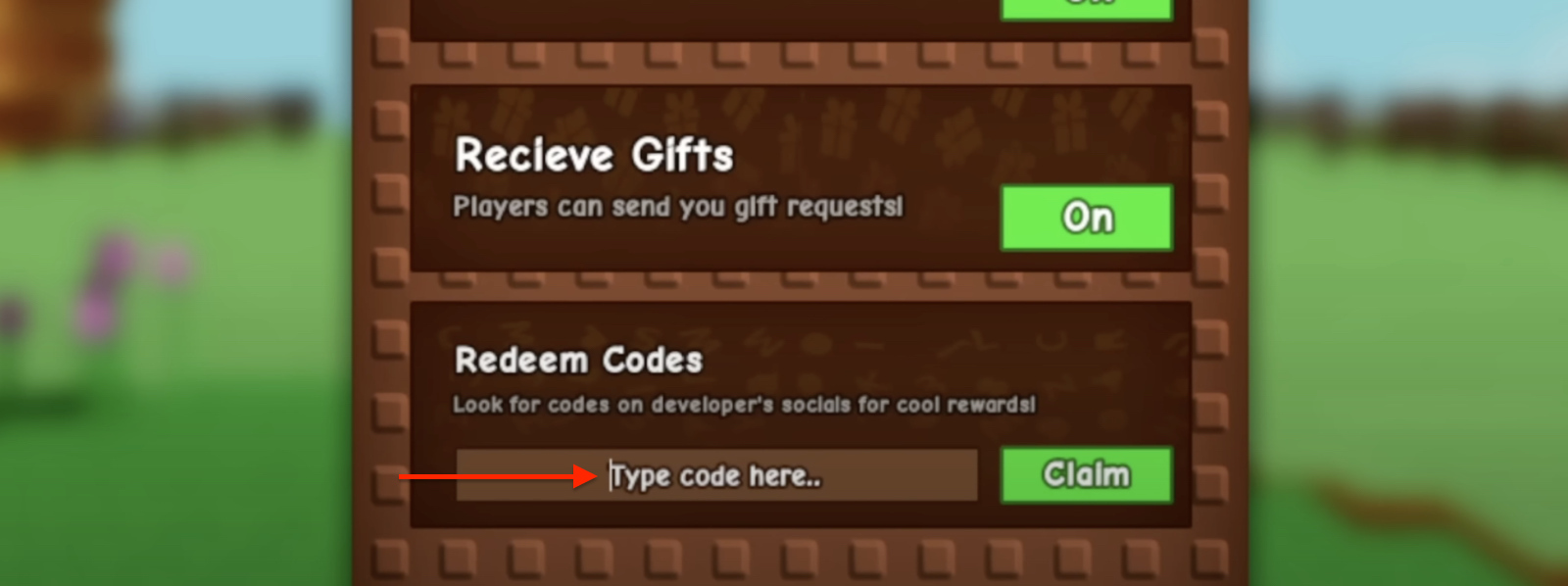 Image of the redeem codes here button in Grow a Garden