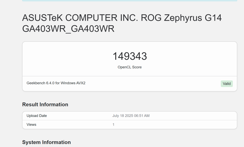 Geekbench GPU benchmark result