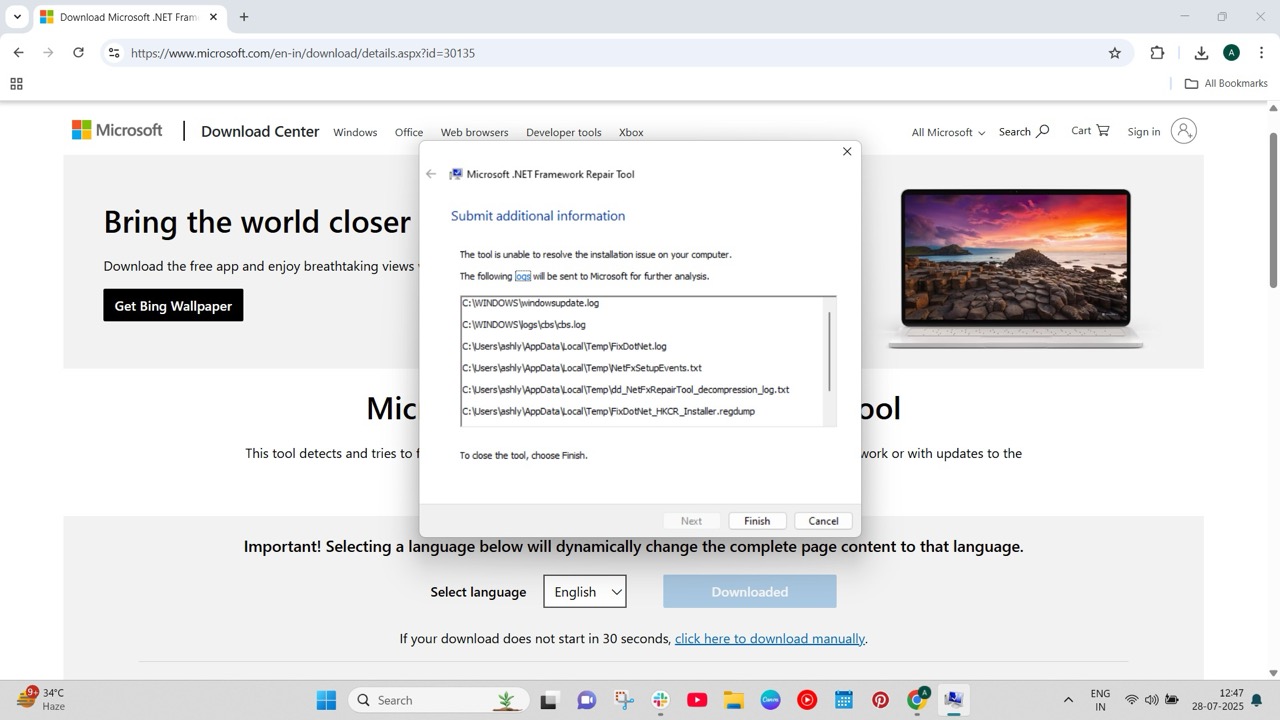 Image to repair the .NET framework and fix the Windows Update Error 0x80070643