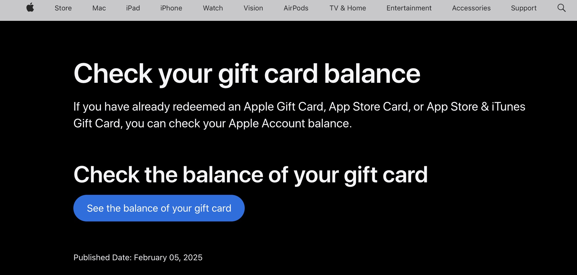 Screenshot of the website used to check Apple Store gift card balance