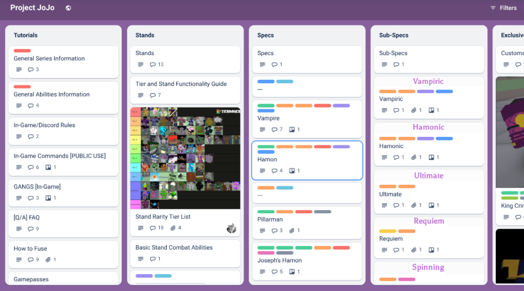 image for inside Project Jojo Trello board