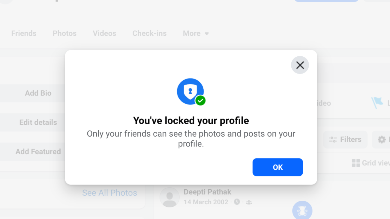 image to Confirm by clicking OK to lock your Facebook profile