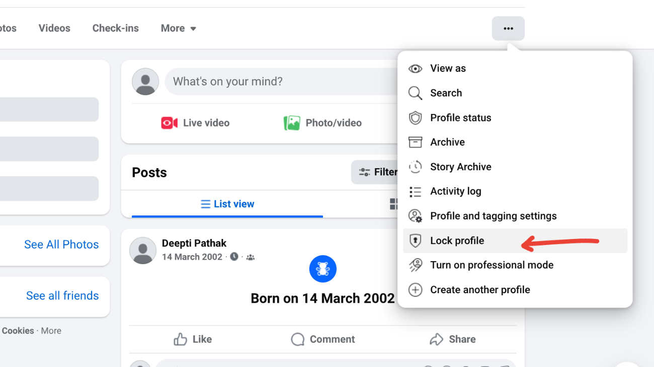 image to click on Lock to lock your Facebook profile