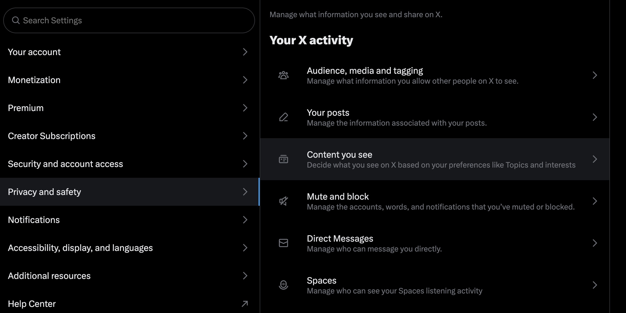 Image of the content you see section in X to turn off sensitive content